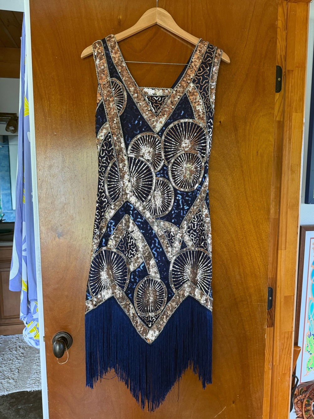 Navy and Gold Beaded Fringe Mini Dress
